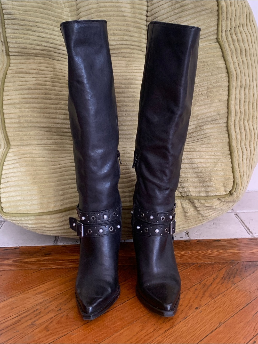 Aldo Black Leather Knee-High Pointed-Toe Boots with Studded Strap